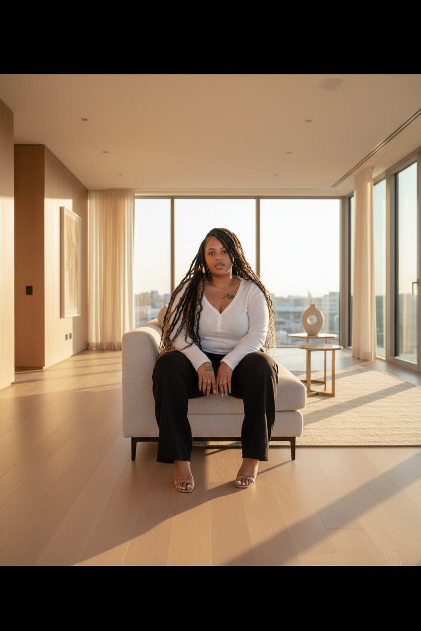Woman sitting on a white couch in a bright room with large windows. with pretty heels on feet