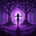A silhouette of a woman standing in a mystical purple forest with glowing trees and ethereal light