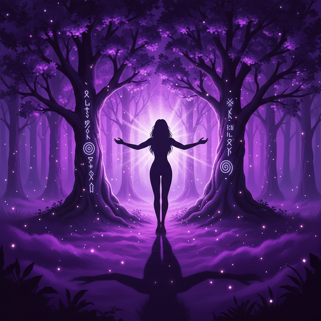 A silhouette of a woman standing in a mystical purple forest with glowing trees and ethereal light
