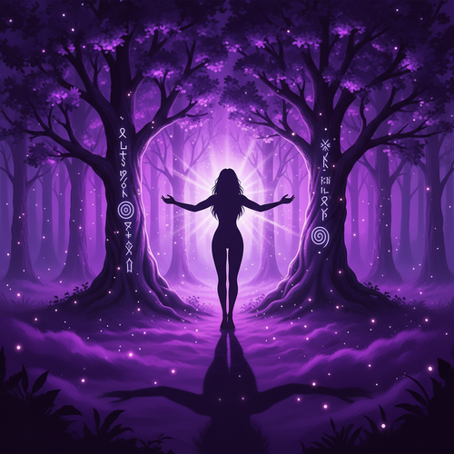 A silhouette of a woman standing in a mystical purple forest with glowing trees and ethereal light