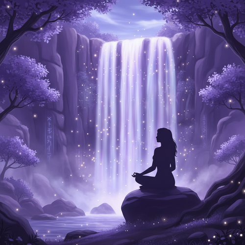 A silhouette of a woman sitting peacefully beside an ethereal glowing waterfall representing healing from past trauma